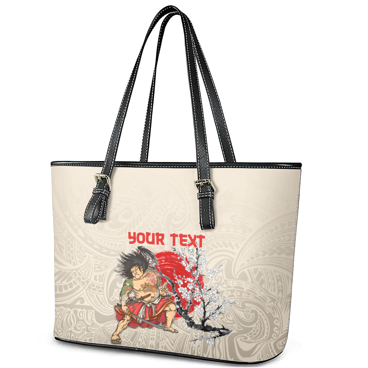 Personalised Japanese Culture Hawaii Style Leather Tote Bag Japanese Samurai with Hawaiian Pattern LT03