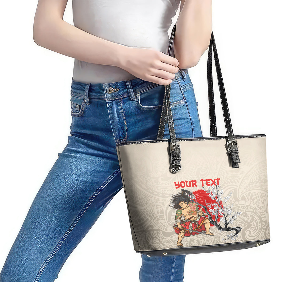 Personalised Japanese Culture Hawaii Style Leather Tote Bag Japanese Samurai with Hawaiian Pattern LT03