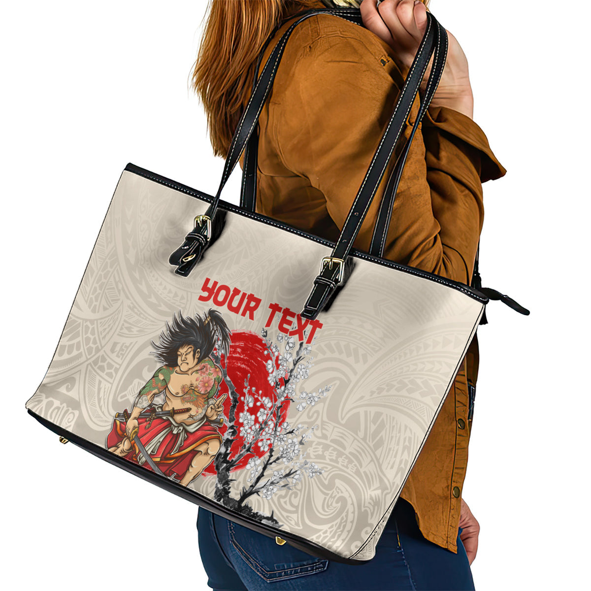 Personalised Japanese Culture Hawaii Style Leather Tote Bag Japanese Samurai with Hawaiian Pattern LT03
