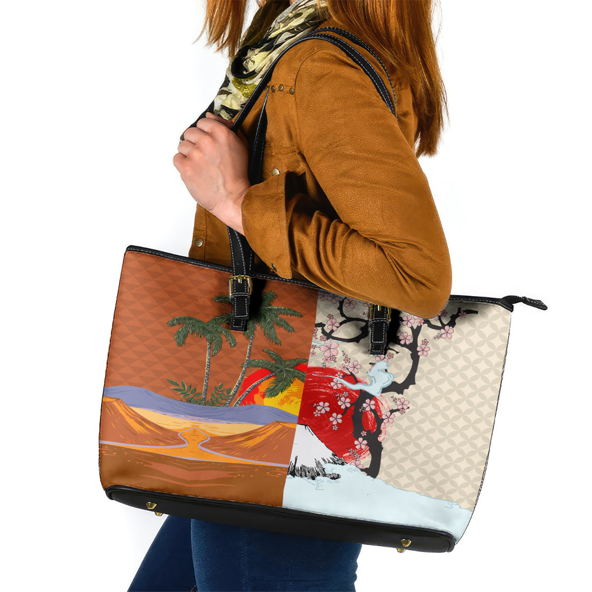 Japanese Culture Hawaii Style Leather Tote Bag Mauna Kea and Fuji Mountains LT03