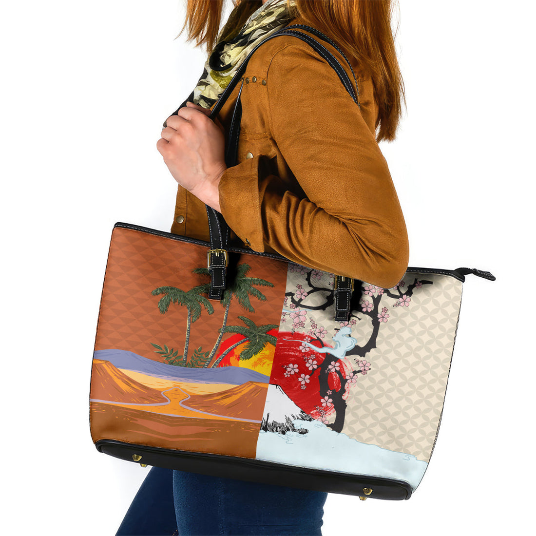 Japanese Culture Hawaii Style Leather Tote Bag Mauna Kea and Fuji Mountains LT03