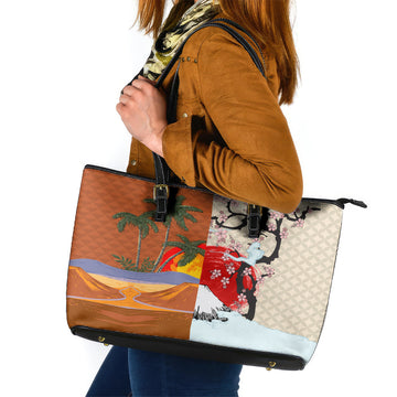 Japanese Culture Hawaii Style Leather Tote Bag Mauna Kea and Fuji Mountains LT03