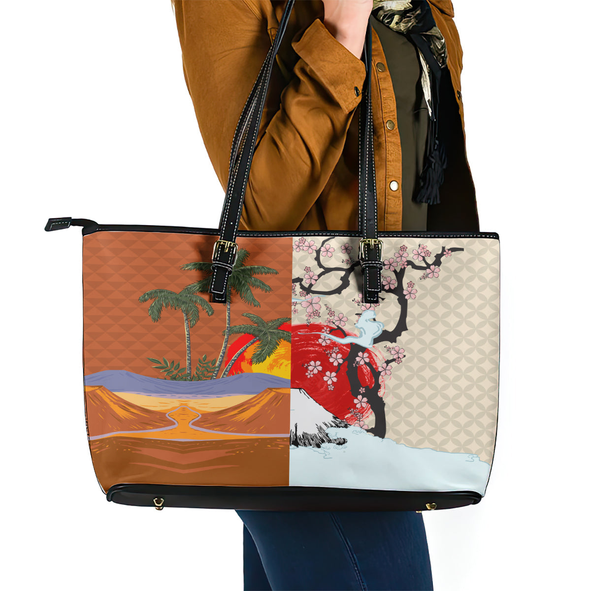 Japanese Culture Hawaii Style Leather Tote Bag Mauna Kea and Fuji Mountains LT03