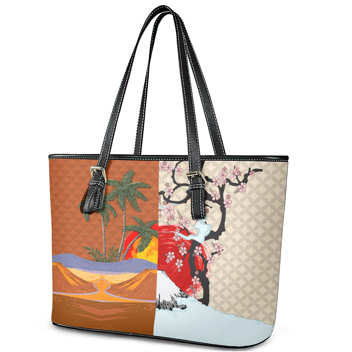 Japanese Culture Hawaii Style Leather Tote Bag Mauna Kea and Fuji Mountains LT03