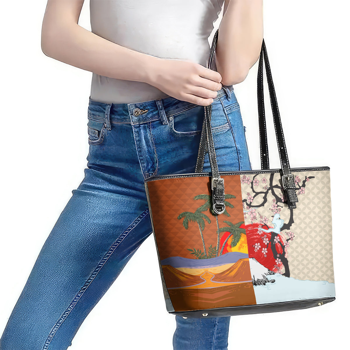 Japanese Culture Hawaii Style Leather Tote Bag Mauna Kea and Fuji Mountains LT03