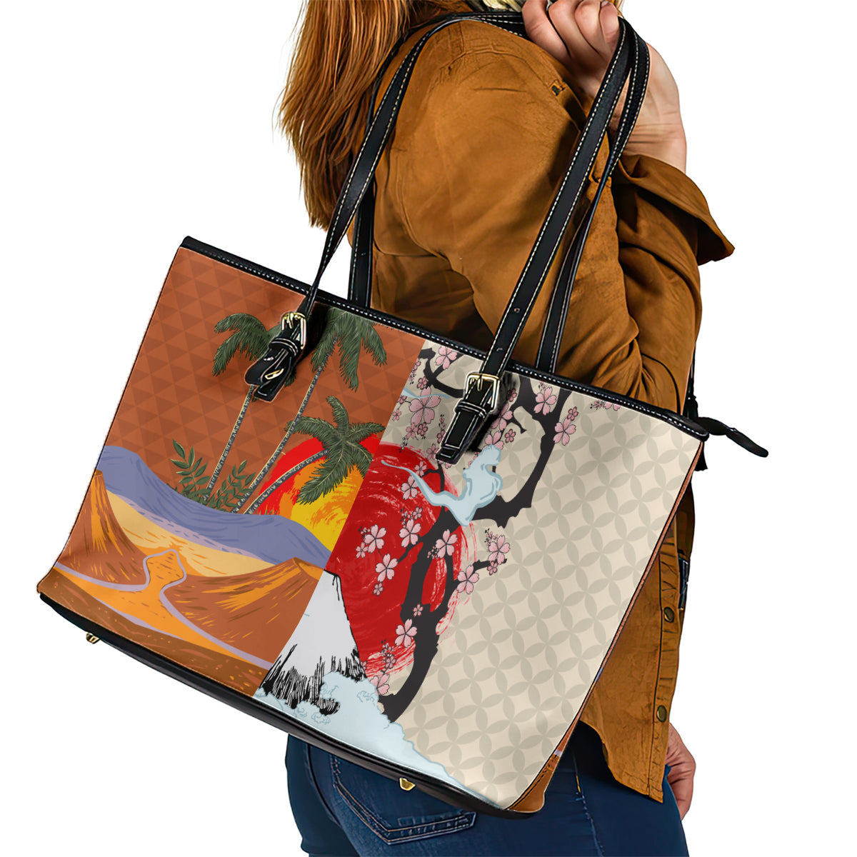 Japanese Culture Hawaii Style Leather Tote Bag Mauna Kea and Fuji Mountains LT03