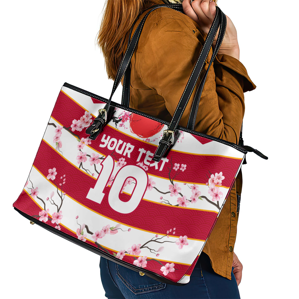 Custom Japan Rugby Leather Tote Bag Sakura Blossom Go Champion 2024 LT03