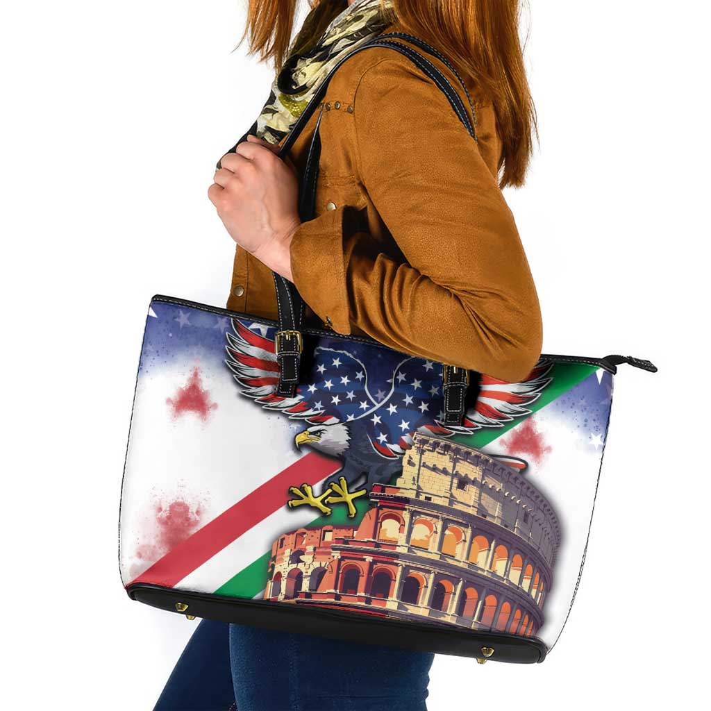 Italian American Heritage Month Leather Tote Bag USA Eagle and The Colosseum with National Flag LT03