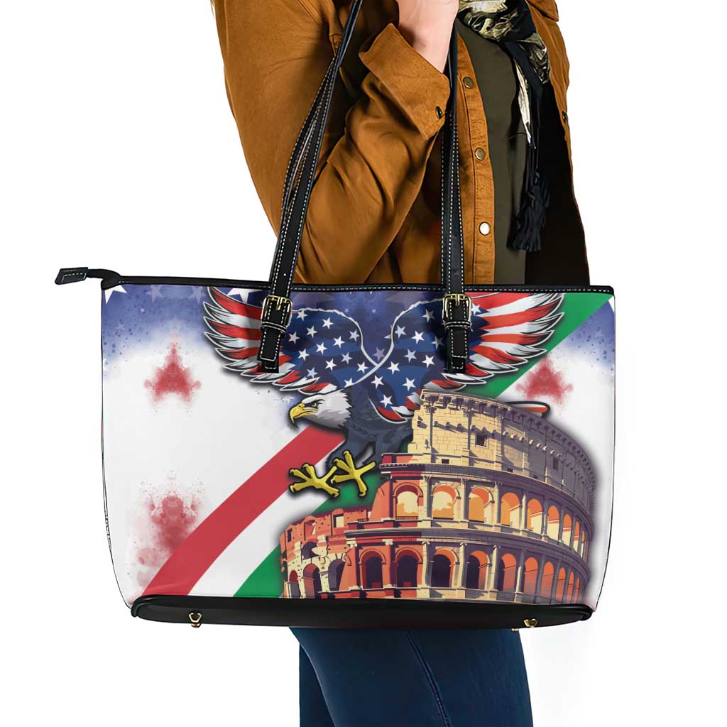Italian American Heritage Month Leather Tote Bag USA Eagle and The Colosseum with National Flag LT03