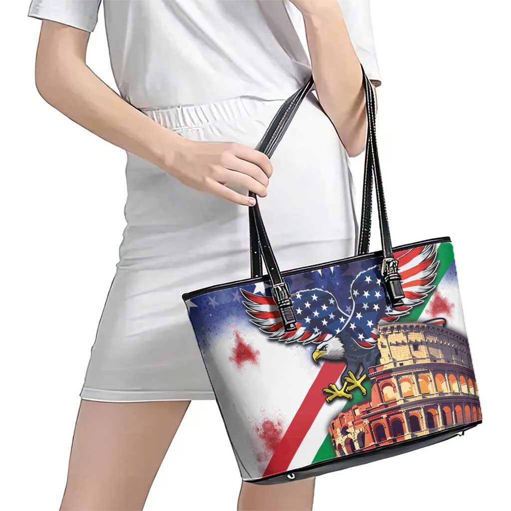 Italian American Heritage Month Leather Tote Bag USA Eagle and The Colosseum with National Flag LT03