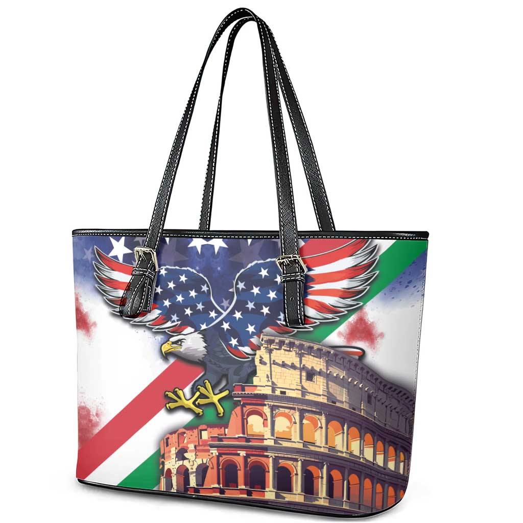 Italian American Heritage Month Leather Tote Bag USA Eagle and The Colosseum with National Flag LT03