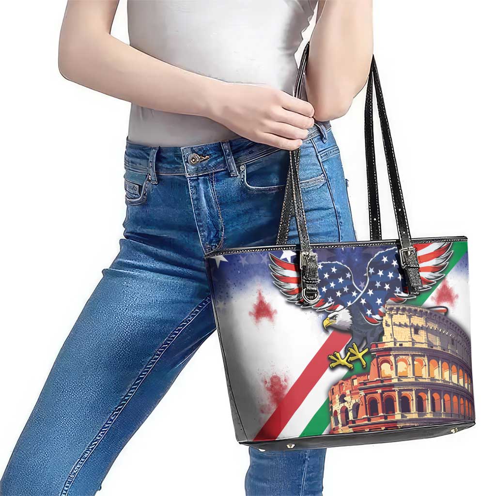 Italian American Heritage Month Leather Tote Bag USA Eagle and The Colosseum with National Flag LT03