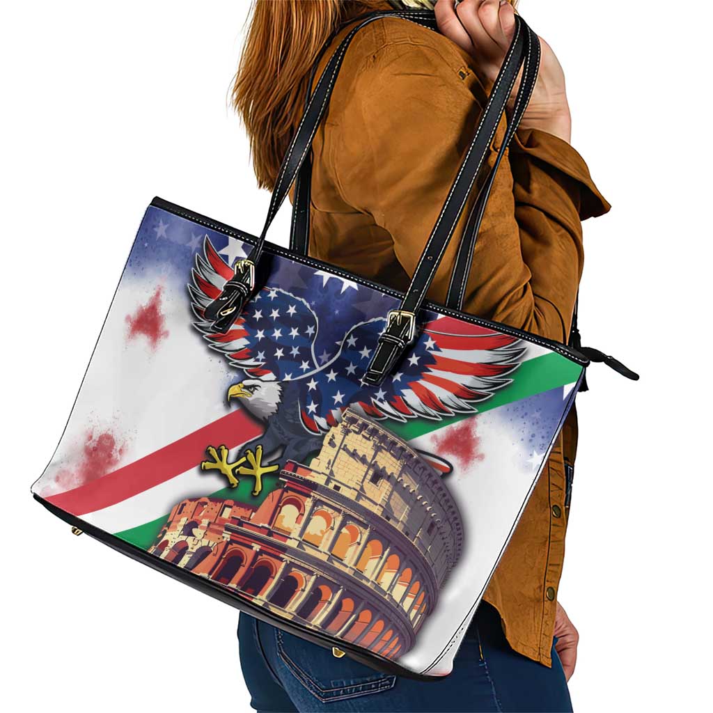 Italian American Heritage Month Leather Tote Bag USA Eagle and The Colosseum with National Flag LT03