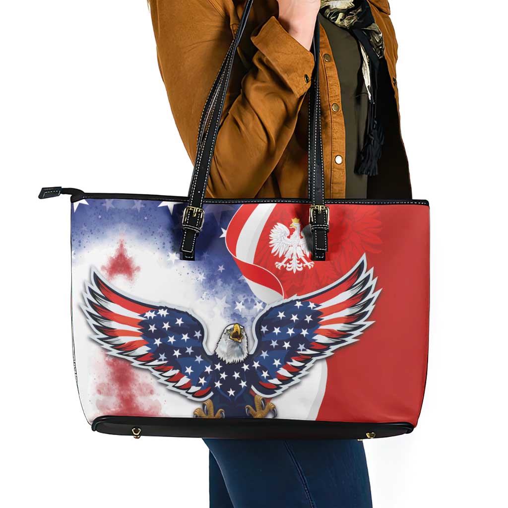 Polish American Heritage Month Leather Tote Bag USA Eagle and Poland Eagle with National Flag LT03