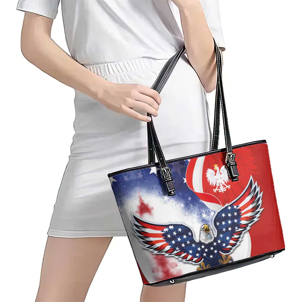 Polish American Heritage Month Leather Tote Bag USA Eagle and Poland Eagle with National Flag LT03