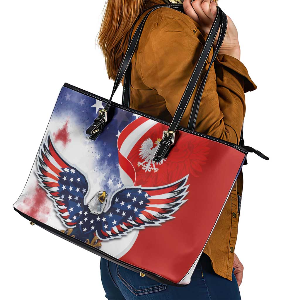 Polish American Heritage Month Leather Tote Bag USA Eagle and Poland Eagle with National Flag LT03