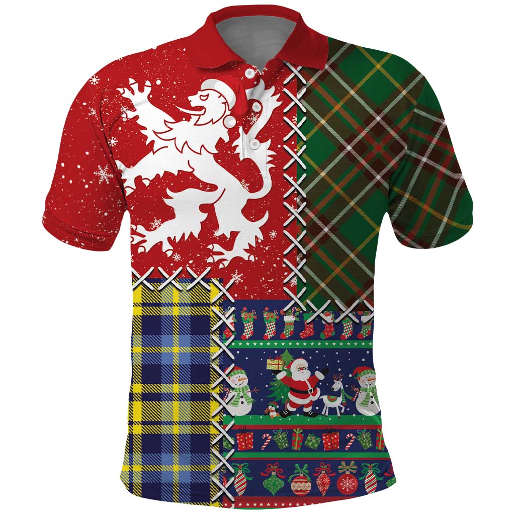 Scottish Christmas Polo Shirt Scotland Lion and Xmas Elements Patch Style LT03