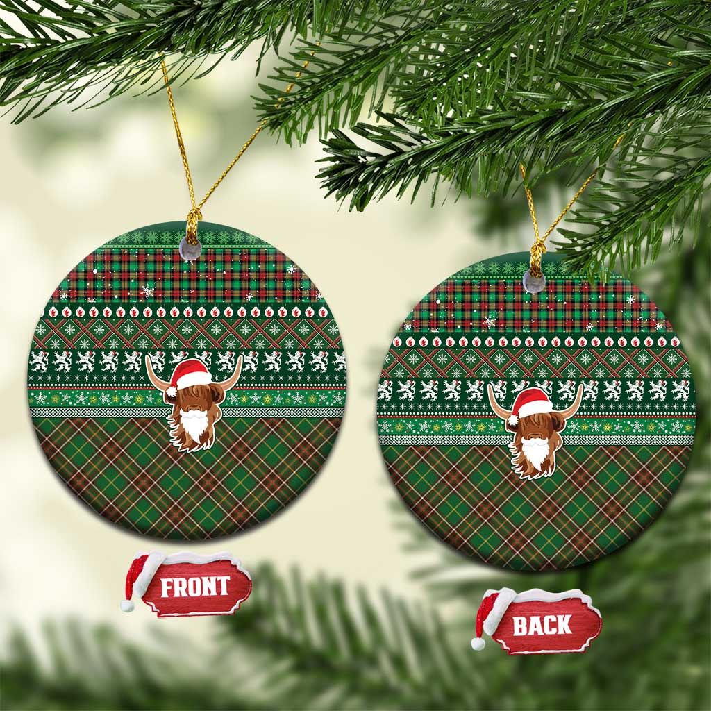 Scottish Christmas Ceramic Ornament Highland Cattle-Xmas Tartan Stripes Style Green Color LT03