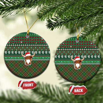 Scottish Christmas Ceramic Ornament Highland Cattle-Xmas Tartan Stripes Style Green Color LT03