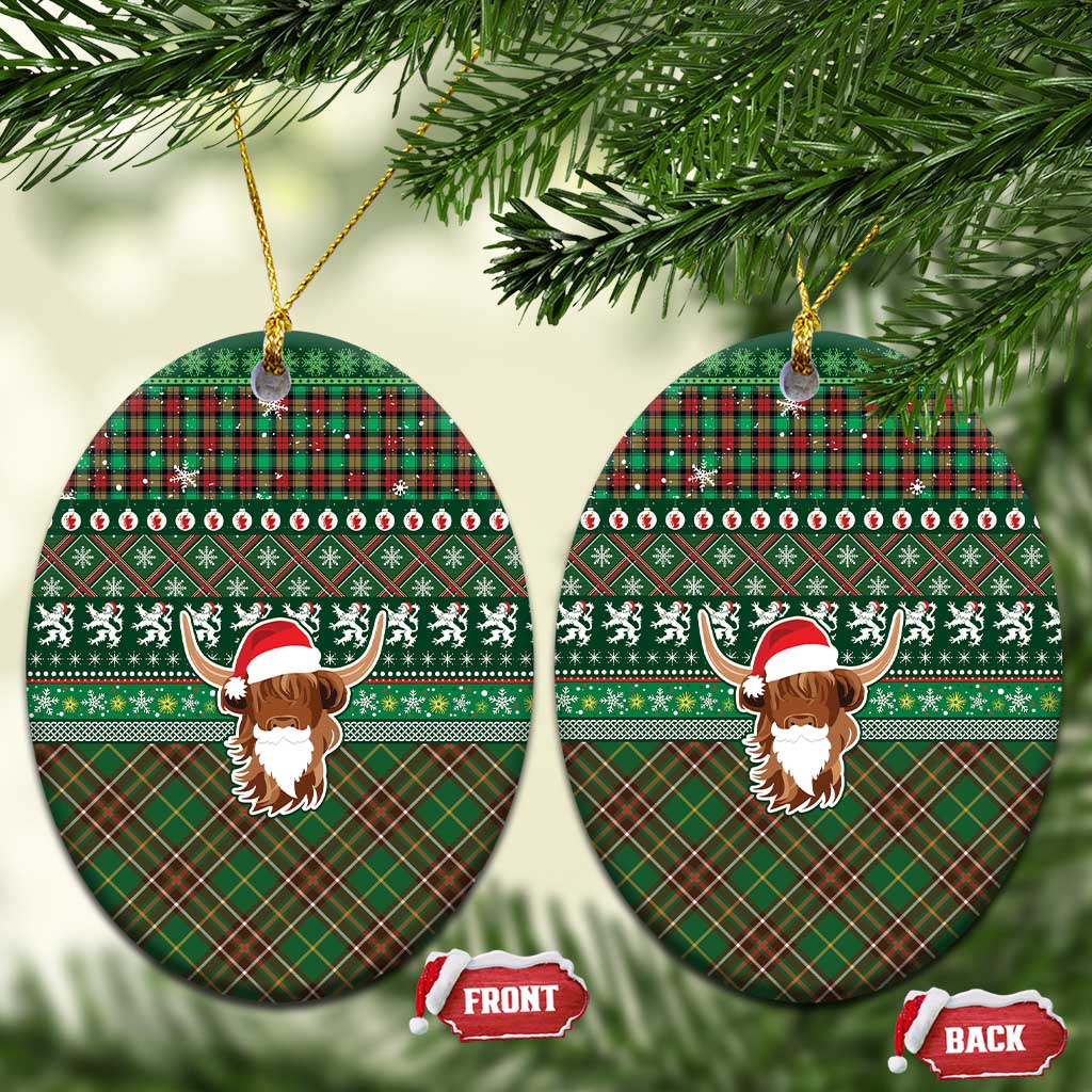 Scottish Christmas Ceramic Ornament Highland Cattle-Xmas Tartan Stripes Style Green Color LT03