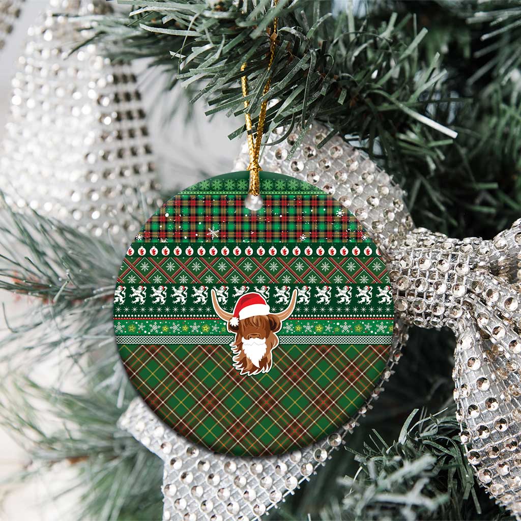 Scottish Christmas Ceramic Ornament Highland Cattle-Xmas Tartan Stripes Style Green Color LT03