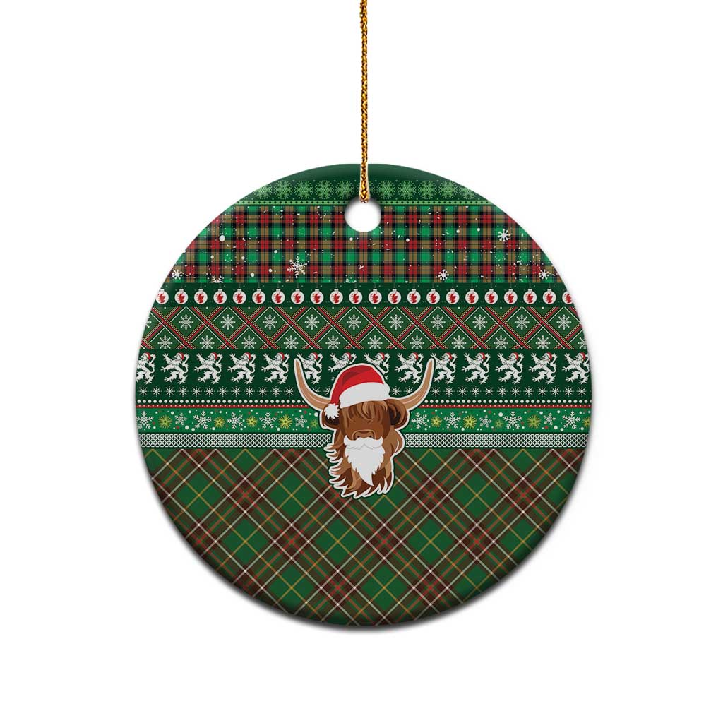 Scottish Christmas Ceramic Ornament Highland Cattle-Xmas Tartan Stripes Style Green Color LT03