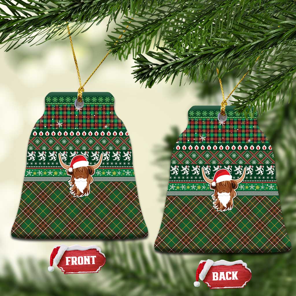 Scottish Christmas Ceramic Ornament Highland Cattle-Xmas Tartan Stripes Style Green Color LT03