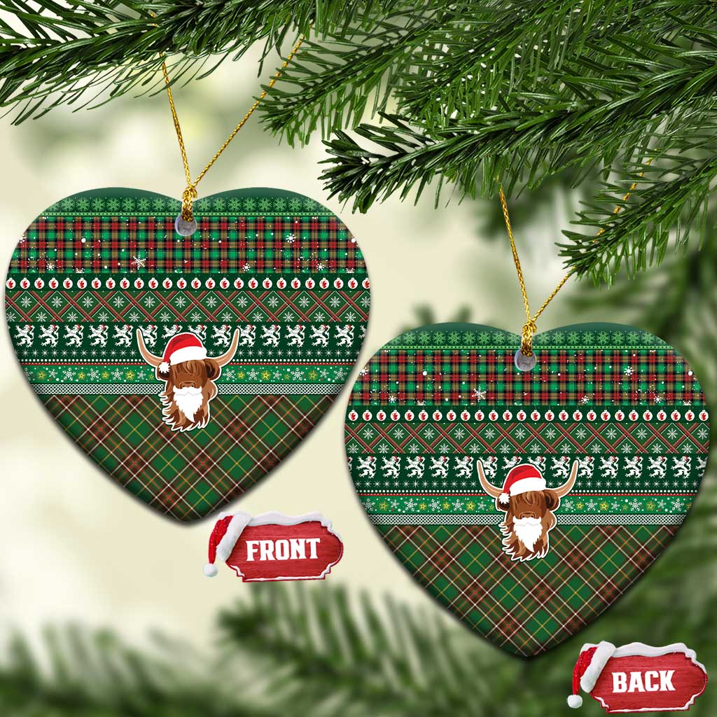 Scottish Christmas Ceramic Ornament Highland Cattle-Xmas Tartan Stripes Style Green Color LT03