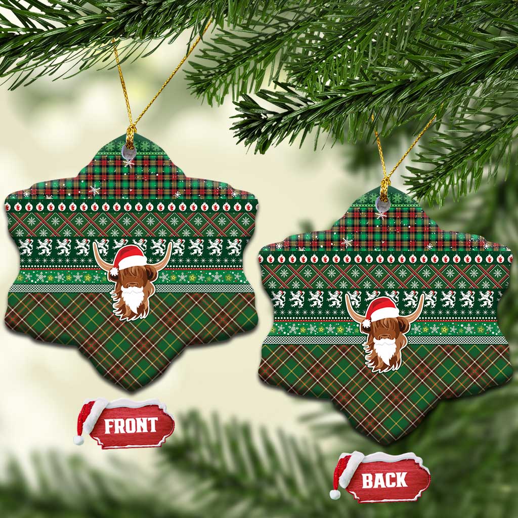 Scottish Christmas Ceramic Ornament Highland Cattle-Xmas Tartan Stripes Style Green Color LT03