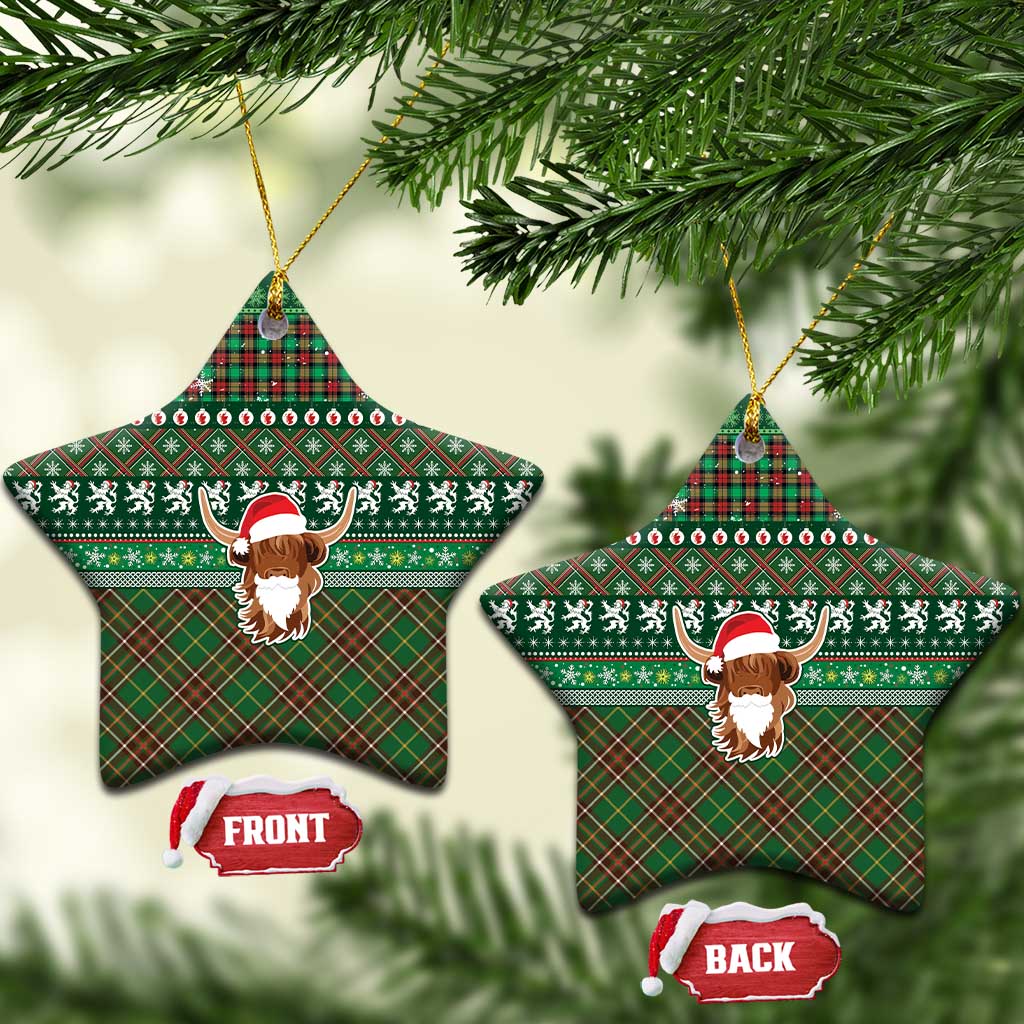 Scottish Christmas Ceramic Ornament Highland Cattle-Xmas Tartan Stripes Style Green Color LT03