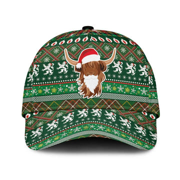 Scottish Christmas Classic Cap Highland Cattle-Xmas Tartan Stripes Style Green Color LT03
