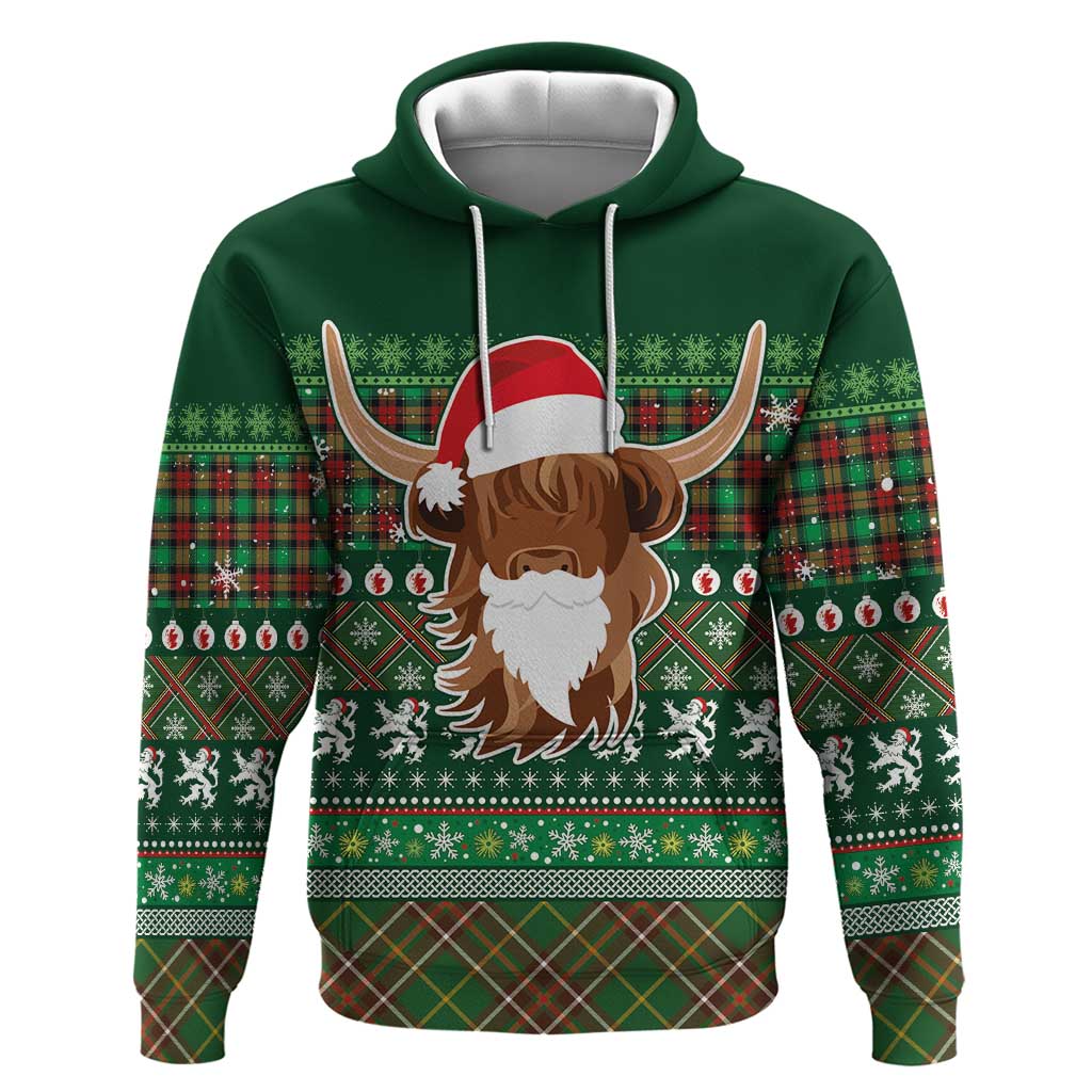 Scottish Christmas Hoodie Highland Cattle-Xmas Tartan Stripes Style Green Color LT03