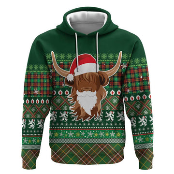 Scottish Christmas Hoodie Highland Cattle-Xmas Tartan Stripes Style Green Color LT03
