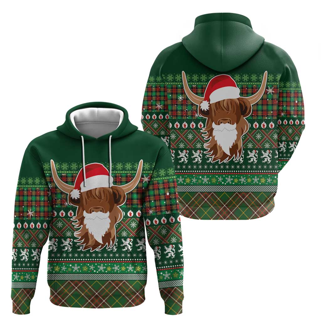 Scottish Christmas Hoodie Highland Cattle-Xmas Tartan Stripes Style Green Color LT03