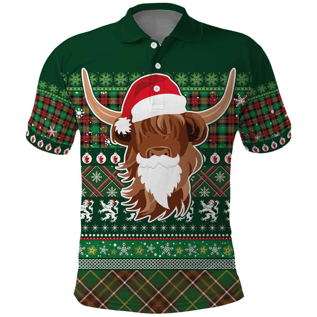 Scottish Christmas Polo Shirt Highland Cattle-Xmas Tartan Stripes Style Green Color LT03