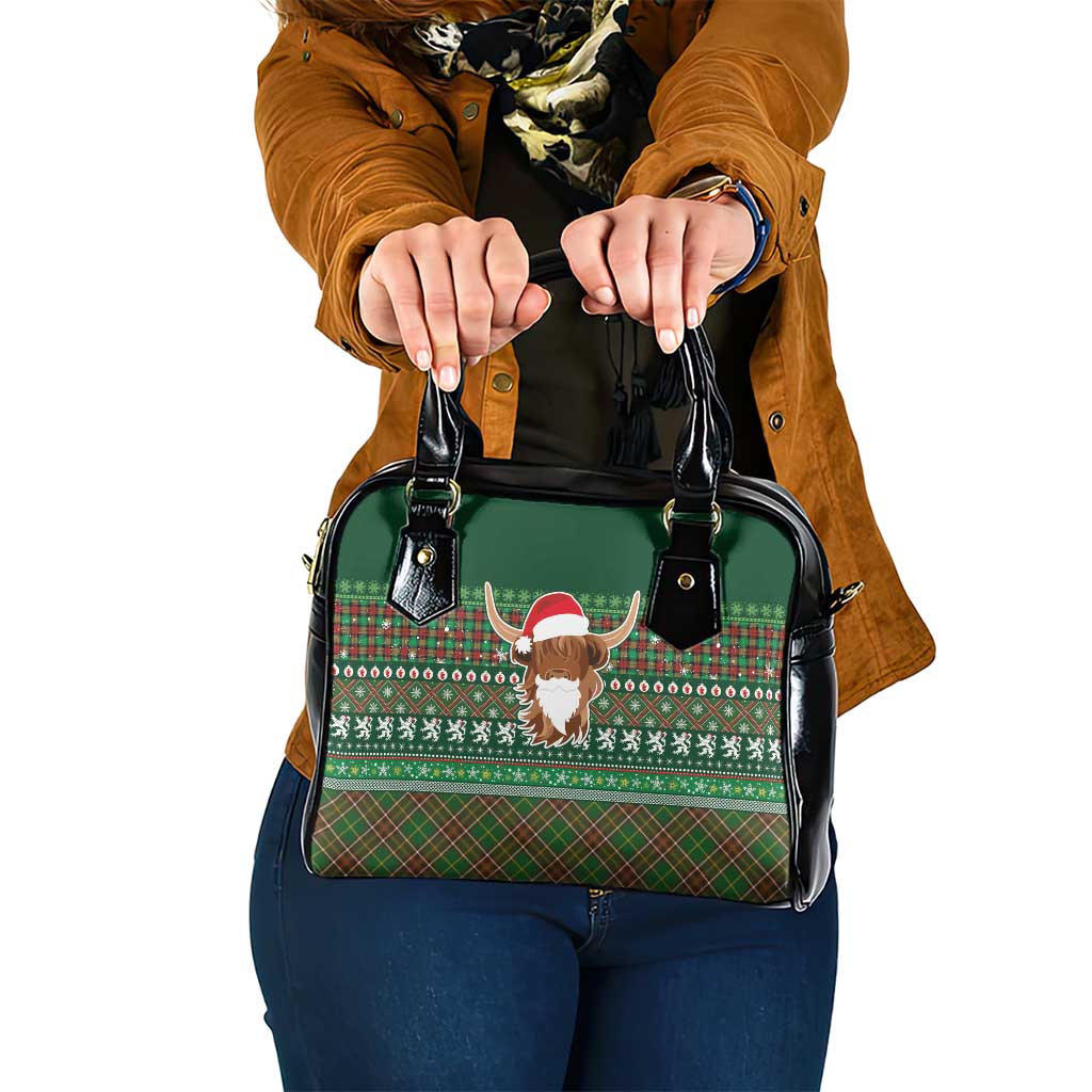 Scottish Christmas Shoulder Handbag Highland Cattle-Xmas Tartan Stripes Style Green Color LT03