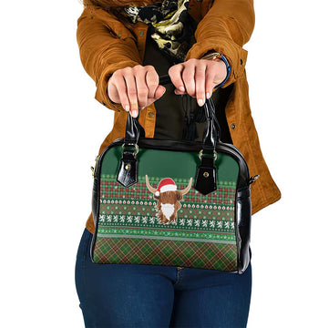 Scottish Christmas Shoulder Handbag Highland Cattle-Xmas Tartan Stripes Style Green Color LT03