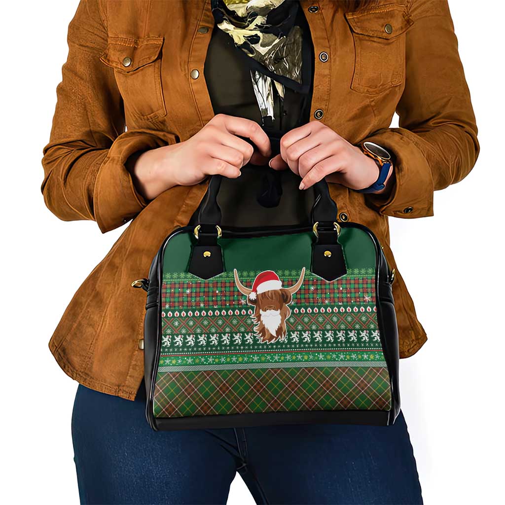 Scottish Christmas Shoulder Handbag Highland Cattle-Xmas Tartan Stripes Style Green Color LT03