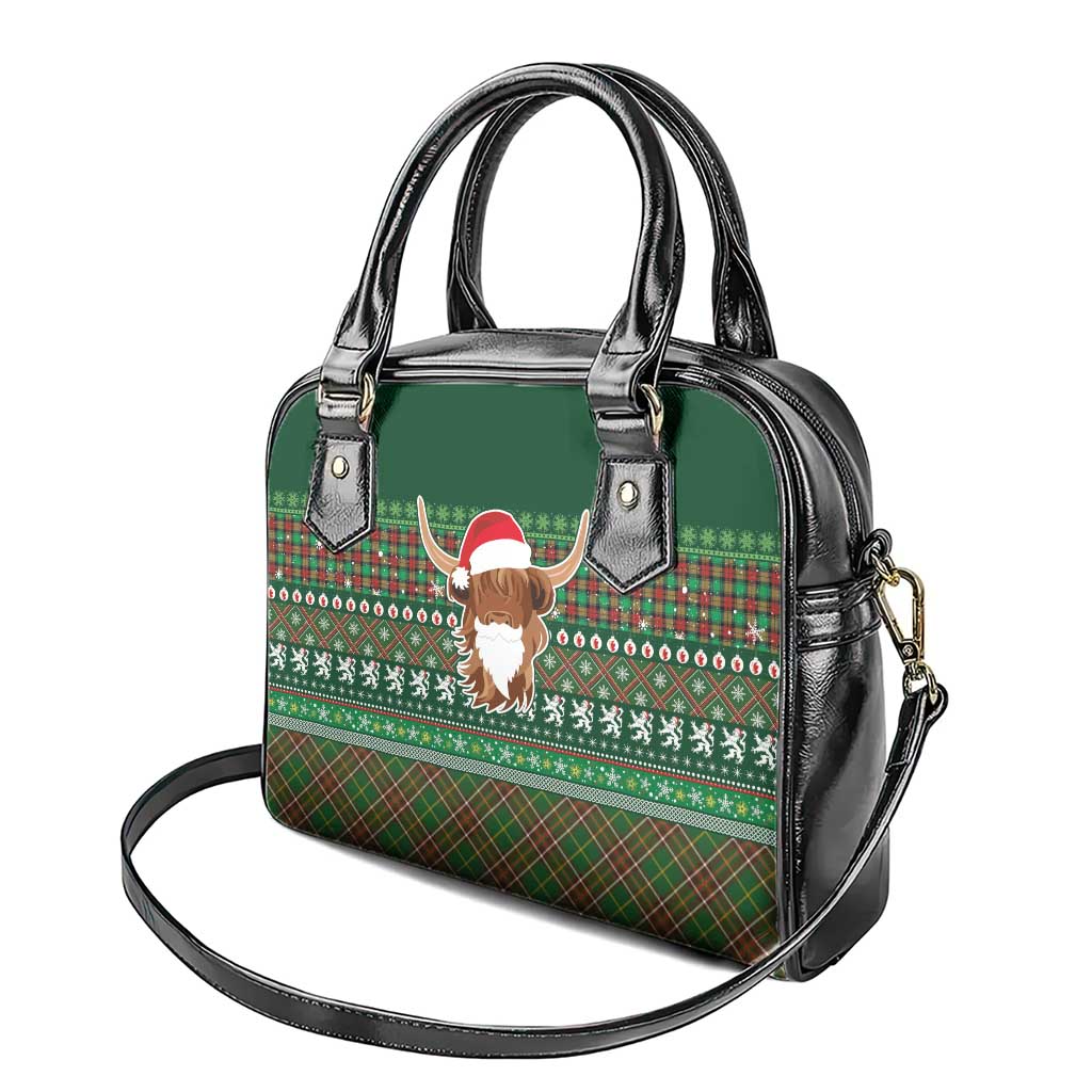 Scottish Christmas Shoulder Handbag Highland Cattle-Xmas Tartan Stripes Style Green Color LT03