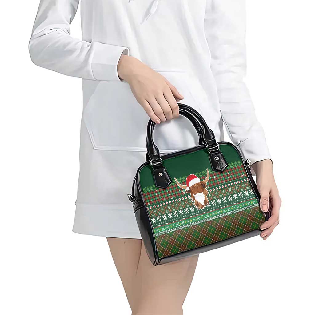 Scottish Christmas Shoulder Handbag Highland Cattle-Xmas Tartan Stripes Style Green Color LT03