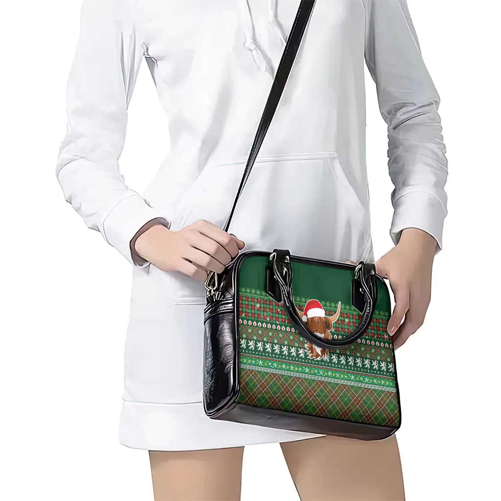 Scottish Christmas Shoulder Handbag Highland Cattle-Xmas Tartan Stripes Style Green Color LT03