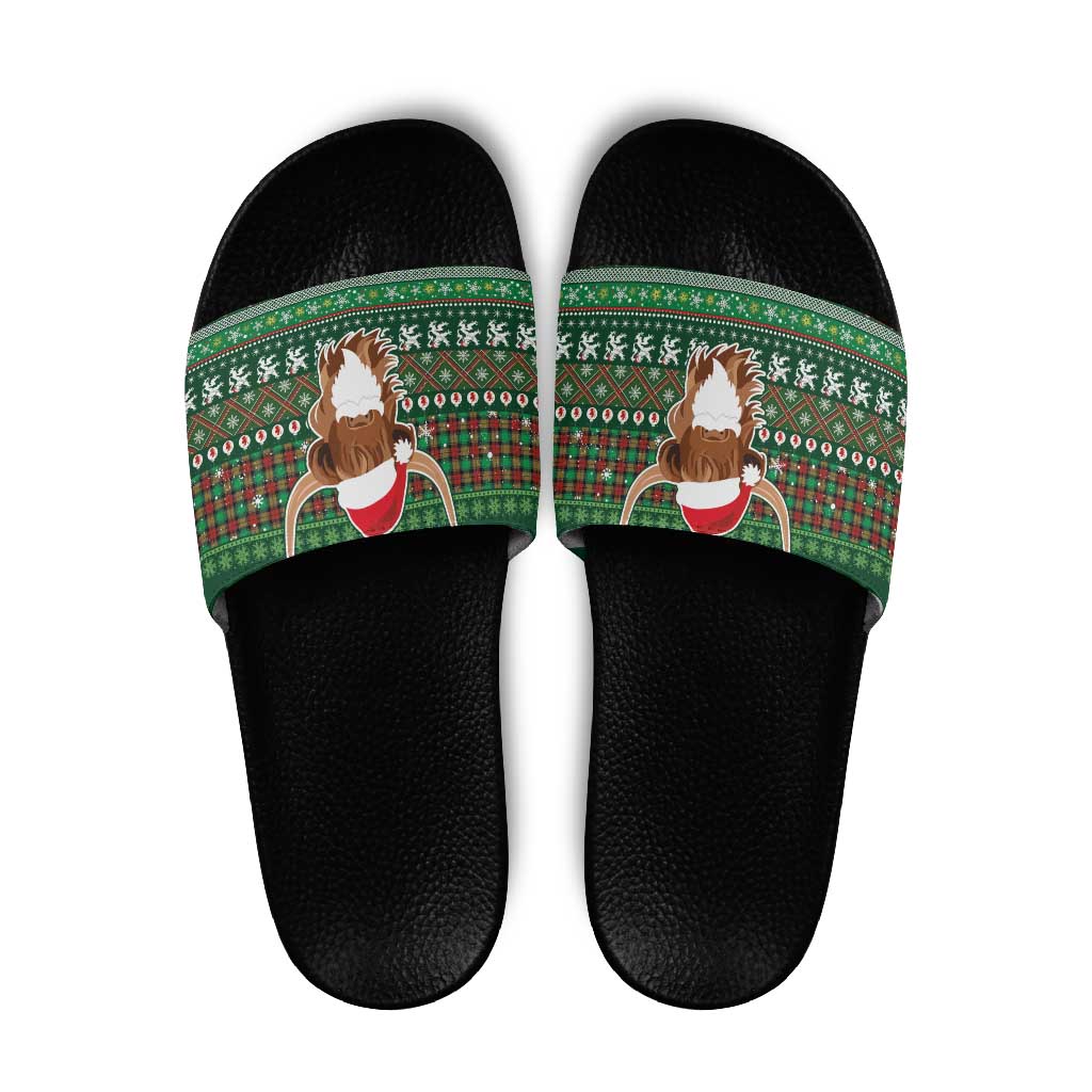 Scottish Christmas Slide Sandals Highland Cattle-Xmas Tartan Stripes Style Green Color LT03