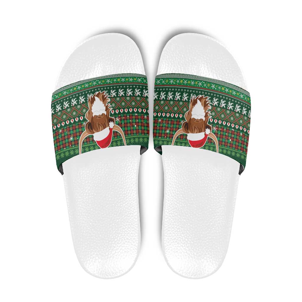 Scottish Christmas Slide Sandals Highland Cattle-Xmas Tartan Stripes Style Green Color LT03