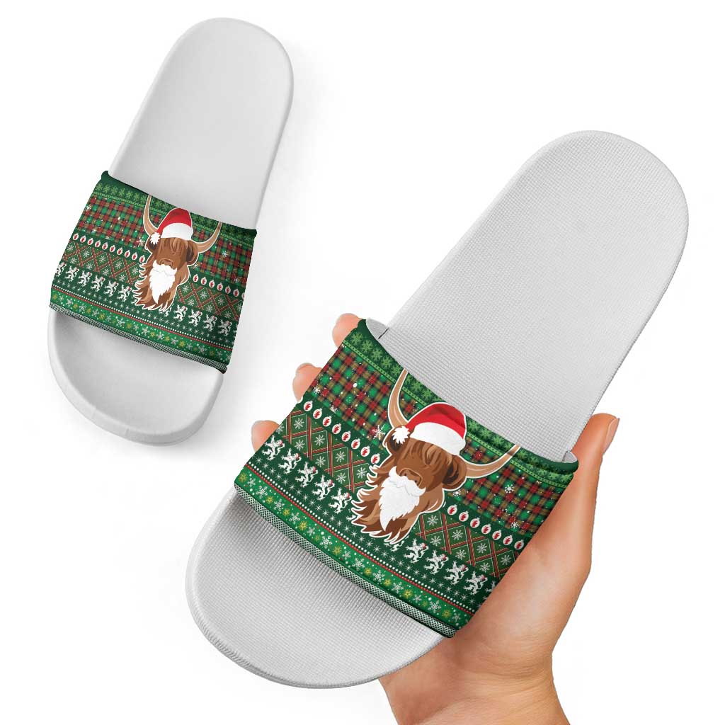 Scottish Christmas Slide Sandals Highland Cattle-Xmas Tartan Stripes Style Green Color LT03