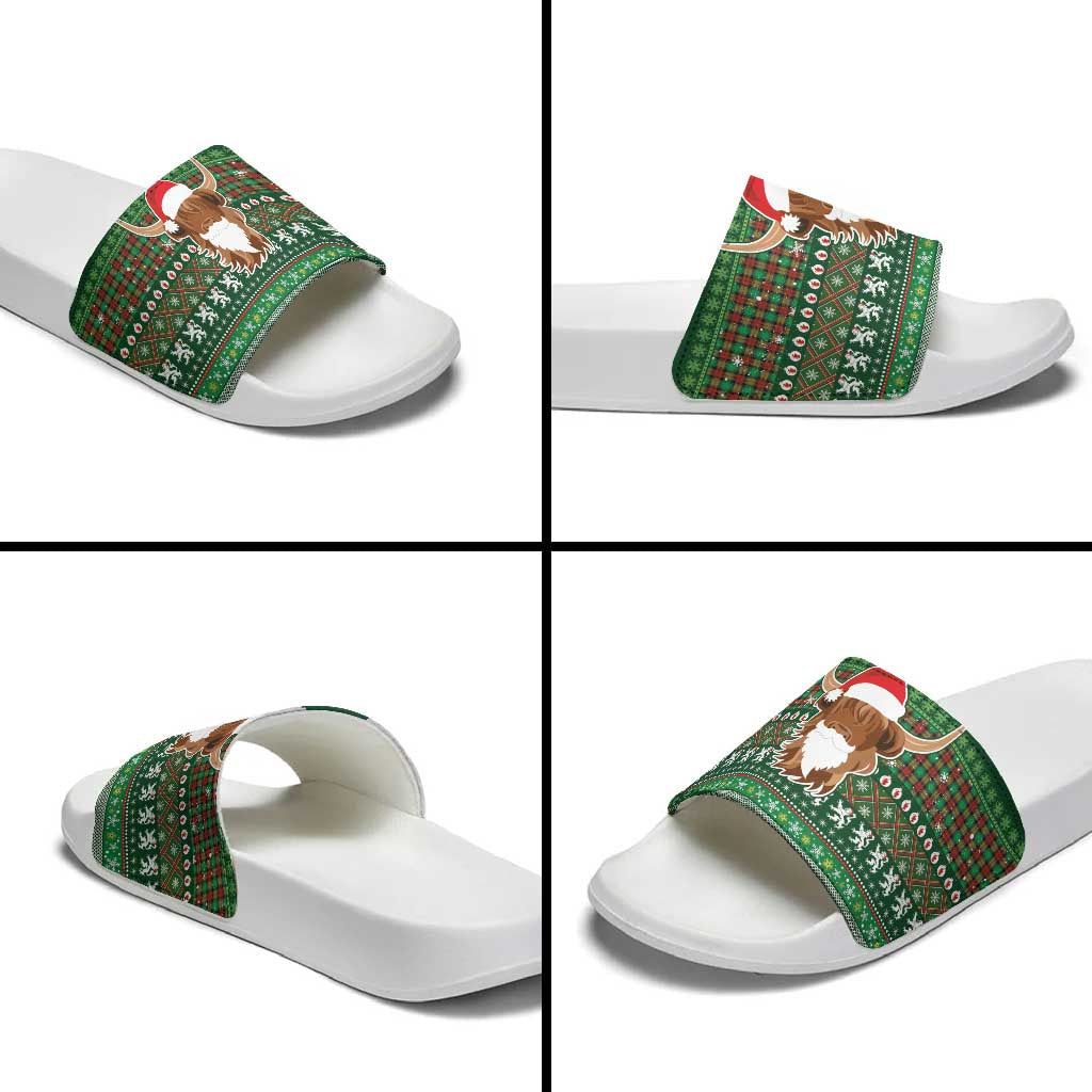 Scottish Christmas Slide Sandals Highland Cattle-Xmas Tartan Stripes Style Green Color LT03