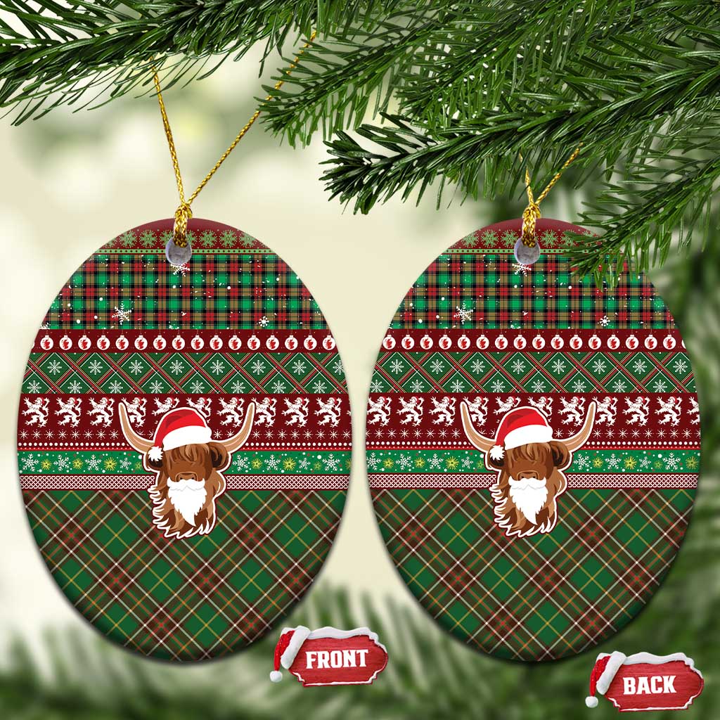 Scottish Christmas Ceramic Ornament Highland Cattle-Xmas Tartan Stripes Style Red Color LT03