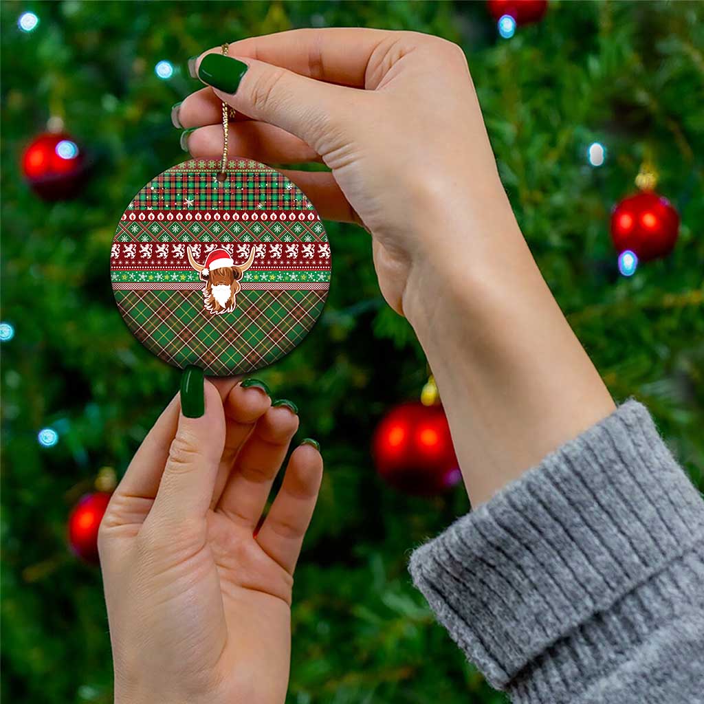 Scottish Christmas Ceramic Ornament Highland Cattle-Xmas Tartan Stripes Style Red Color LT03