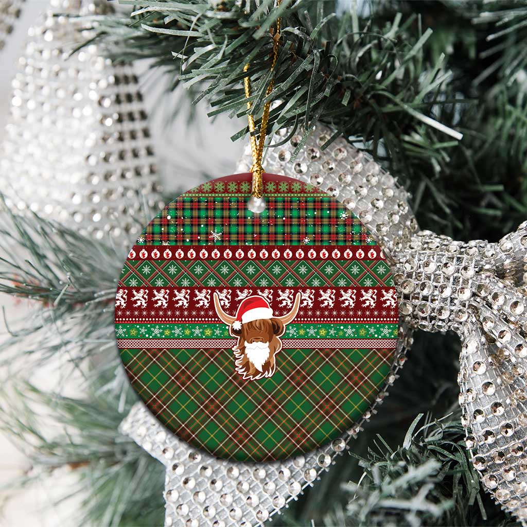 Scottish Christmas Ceramic Ornament Highland Cattle-Xmas Tartan Stripes Style Red Color LT03