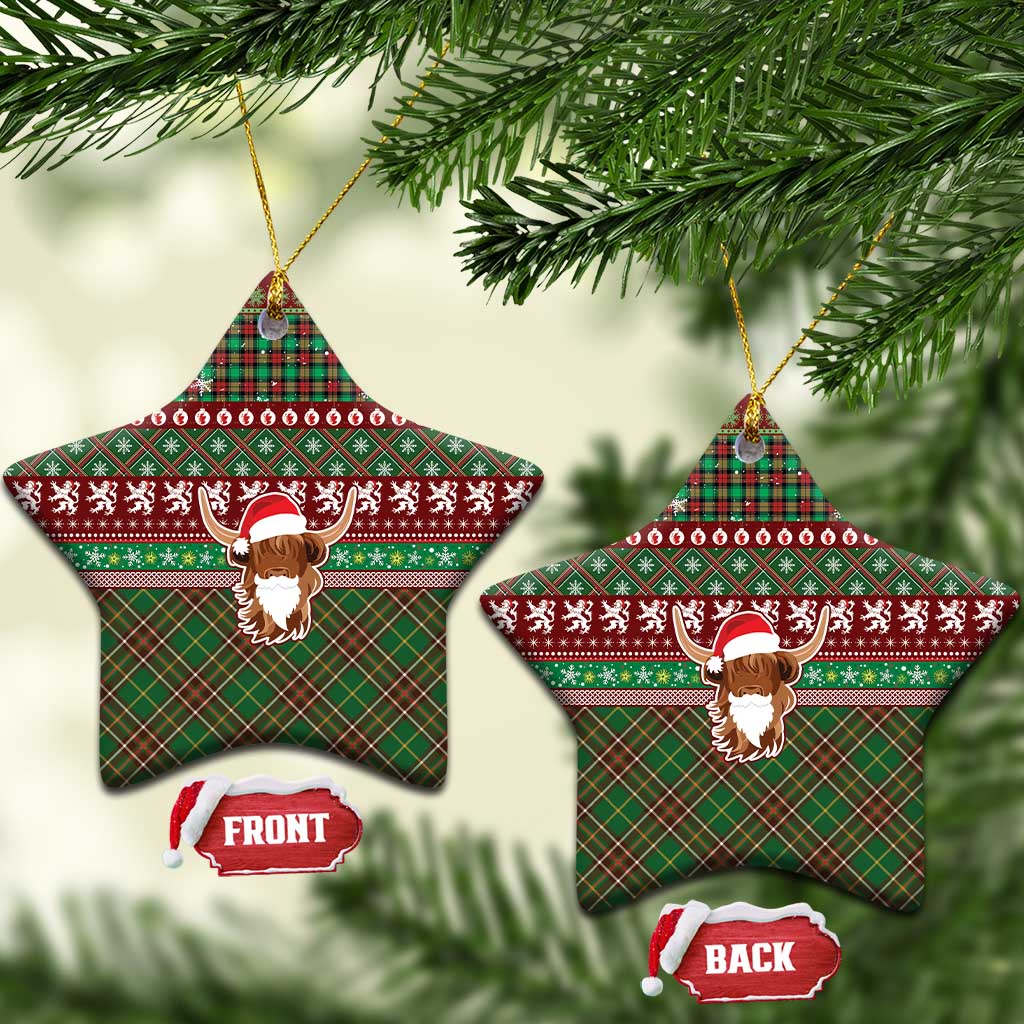 Scottish Christmas Ceramic Ornament Highland Cattle-Xmas Tartan Stripes Style Red Color LT03
