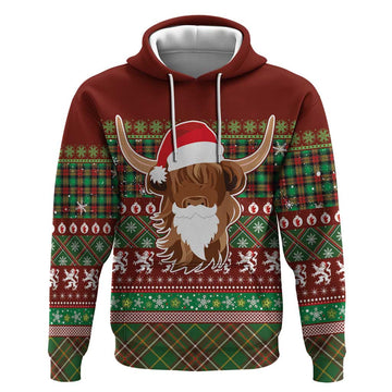 Scottish Christmas Hoodie Highland Cattle-Xmas Tartan Stripes Style Red Color LT03
